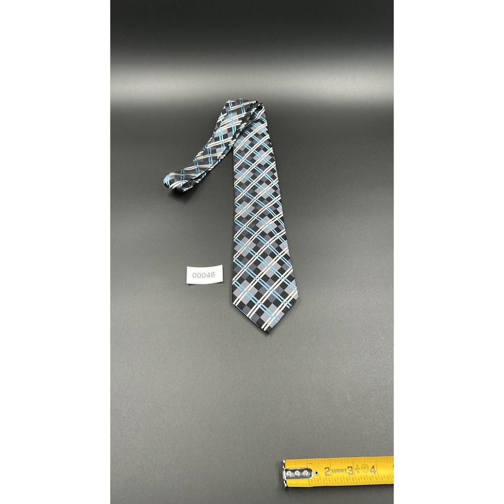 Geoffrey Beene Men's Silk Plaid Necktie Black Grey Blue
